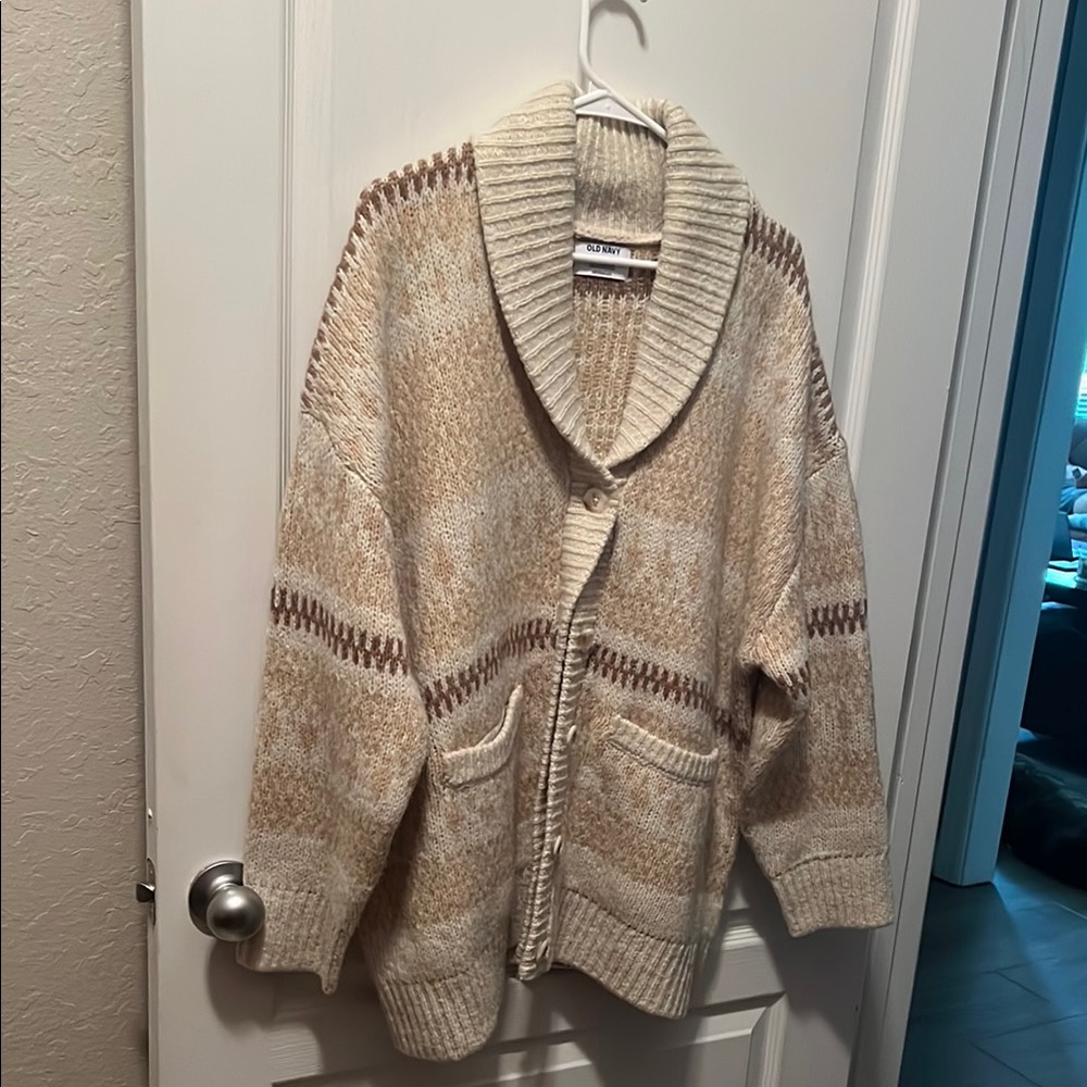 Old Navy Cream and Brown Knit Cardigan